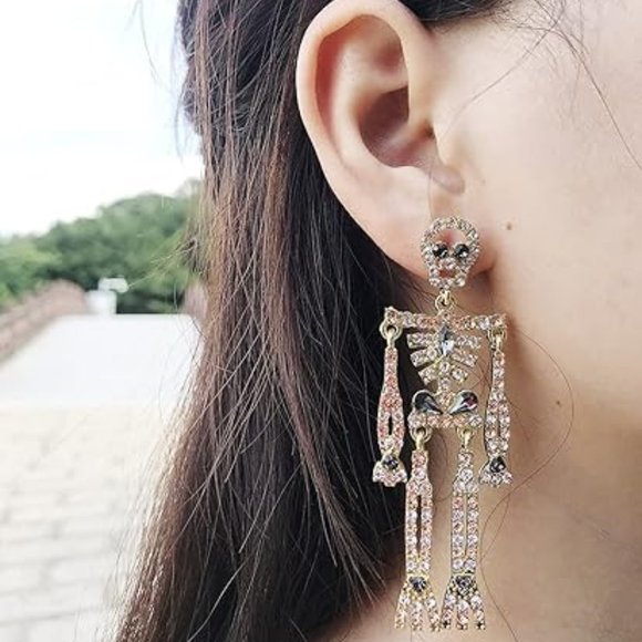 Gold Peach Skeleton Rhinestone Earrings Halloween Party CZ Dangle Skeletons New - Picture 2 of 6